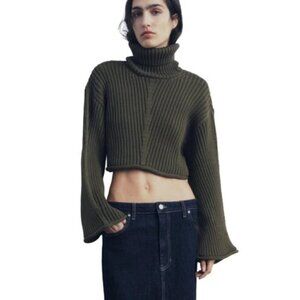 NWT Zara Ribbed Knit Cropped Sweater Turtleneck Khaki Green Size Small